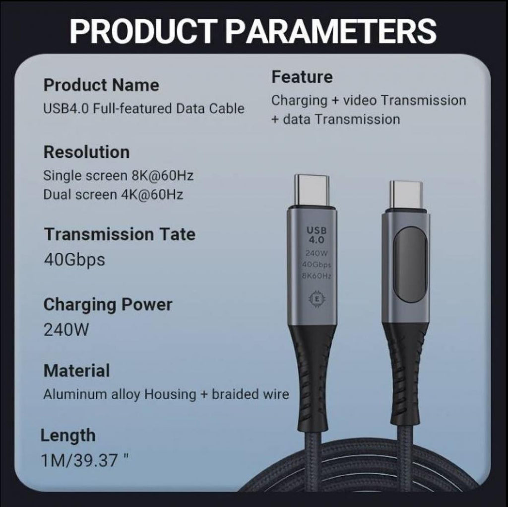 Cabo USB 4.0 de 1 metro | 40 Gbps | 240 W | Suporte para ecrã 8K | com monitorização de energia em tempo real 