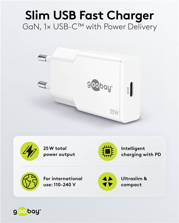 Cargador rápido SLIM USB-C™ PD GaN (25 W) blanco 1 puerto USB-C