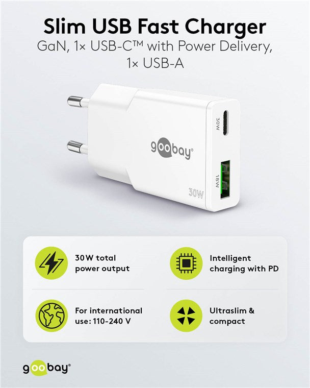 Cargador USB-C™ PD GaN Dual Fast Charger Slim (30 W) Color Blanco
