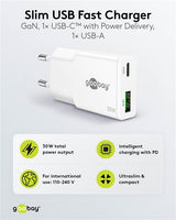 Cargador USB-C™ PD GaN Dual Fast Charger Slim (30 W) Color Blanco