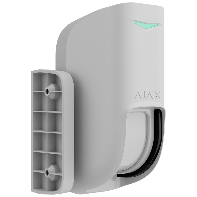 White Ajax Curtain Outdoor curtain detector in profile, with the wall mounting bracket attached