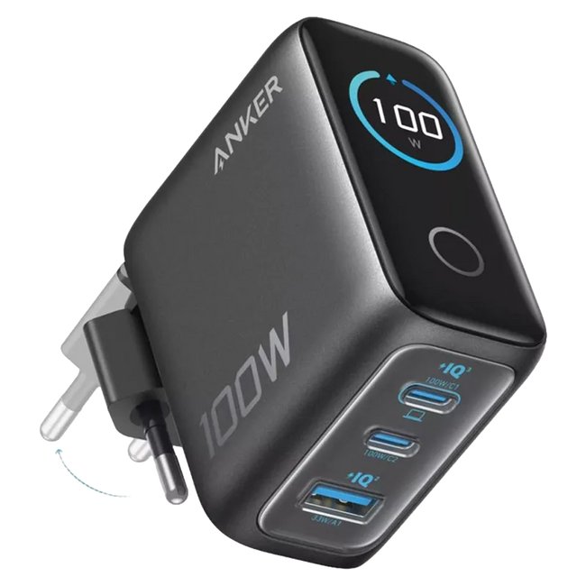 Cargador Anker 100 W con pantalla inteligente, 2 puertos USB-C y 1 USB-A, en color gris