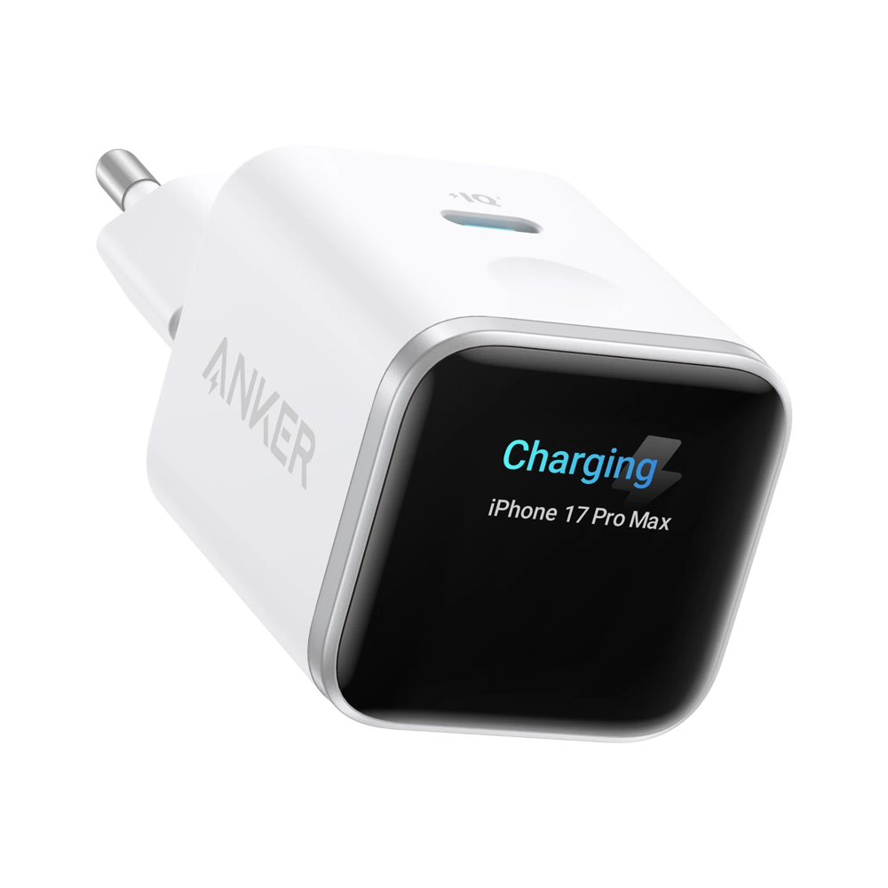 Cargador USB-C Anker Nano 45 W con pantalla inteligente en color blanco