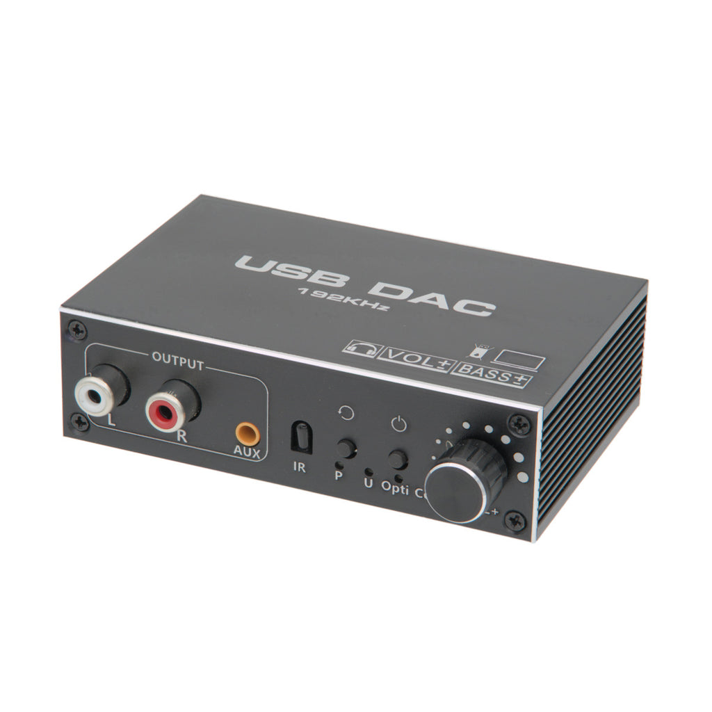 Conversor digital-analógico (DAC) até 192 kHz com entrada USB e controlo de volume.