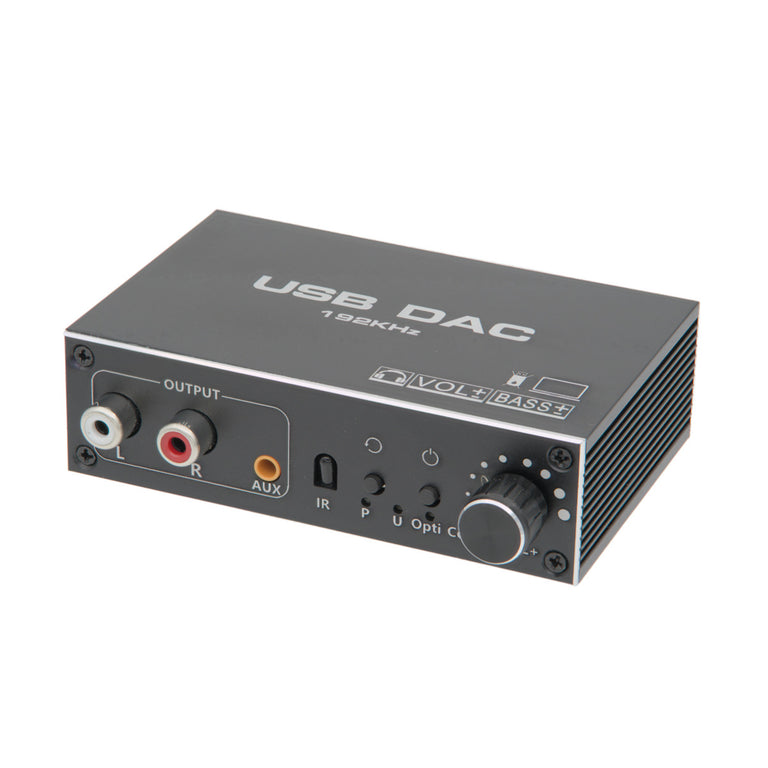 Conversor digital-analógico (DAC) até 192 kHz com entrada USB e controlo de volume.