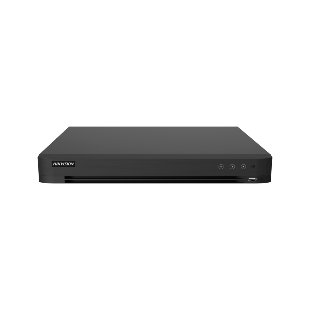 Grabador DVR Hikvision 16 canales hasta 24 IP con AcuSense, vista lateral