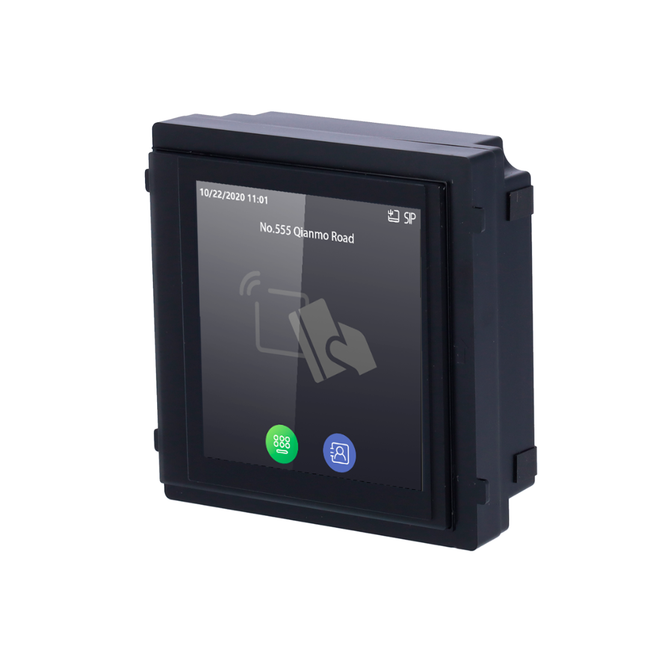 Módulo de extensión con pantalla táctil 4" y lector MF para videoportero Hikvision DS-KD-TDM, vista frontal