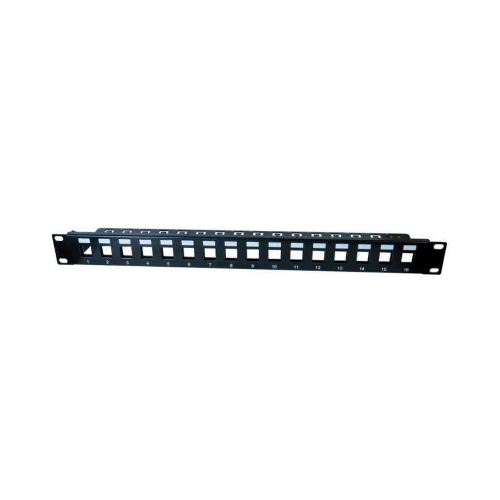 Painel de ligação configurável com 16 tomadas, bastidor 19" 1U