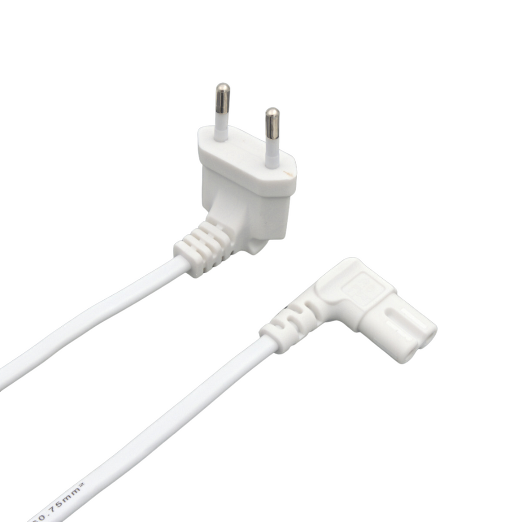 Cabo de alimentação europeu de 1,5 m, tipo C (CEE7/16), conector em ângulo reto para C7, 2 fios de 0,75 mm, branco.