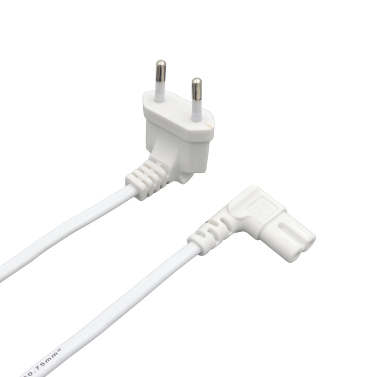 Cabo de alimentação europeu de 1,5 m, tipo C (CEE7/16), conector em ângulo reto para C7, 2 fios de 0,75 mm, branco.