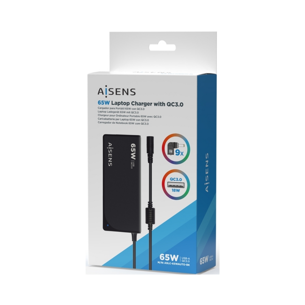 Carregador universal automático multivoltagem para portátil de 65 W com 9 conectores + USB-A QC 3.0