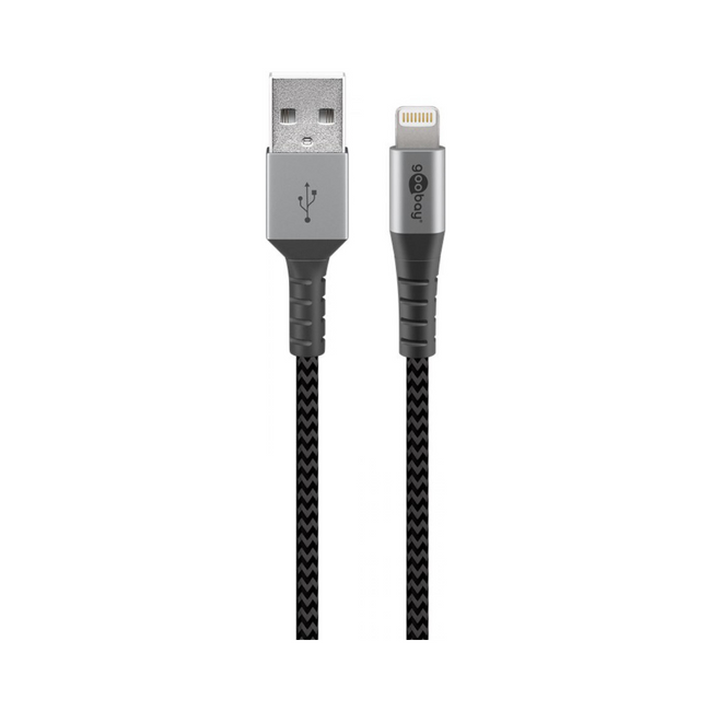 Cabo têxtil USB para Lightning de 1 m com conectores metálicos.