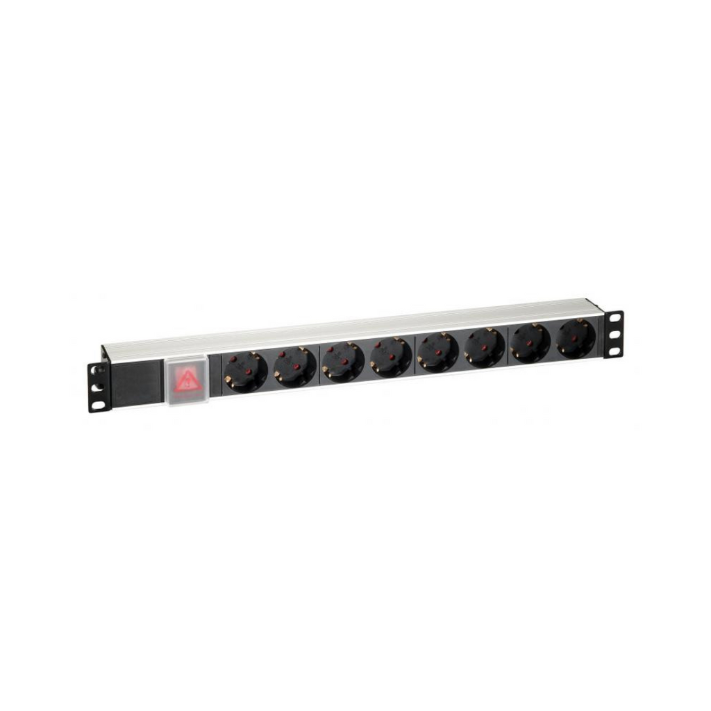 Régua de tomadas para bastidor de 19" com 8 tomadas, interruptor e cabo de 2 m.
