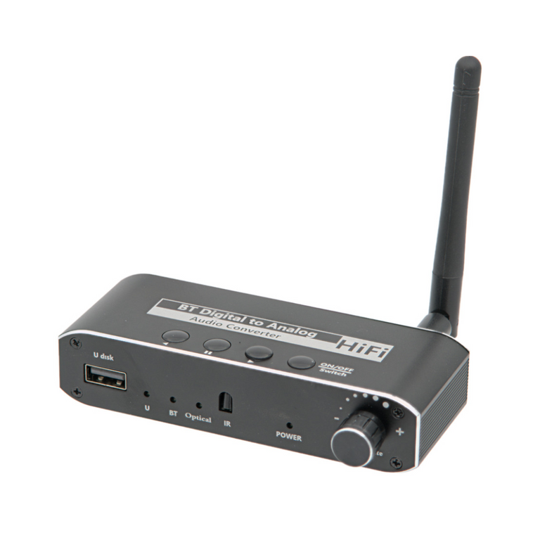 Conversor digital-analógico (DAC) com Bluetooth 5.1 e controlo de volume.