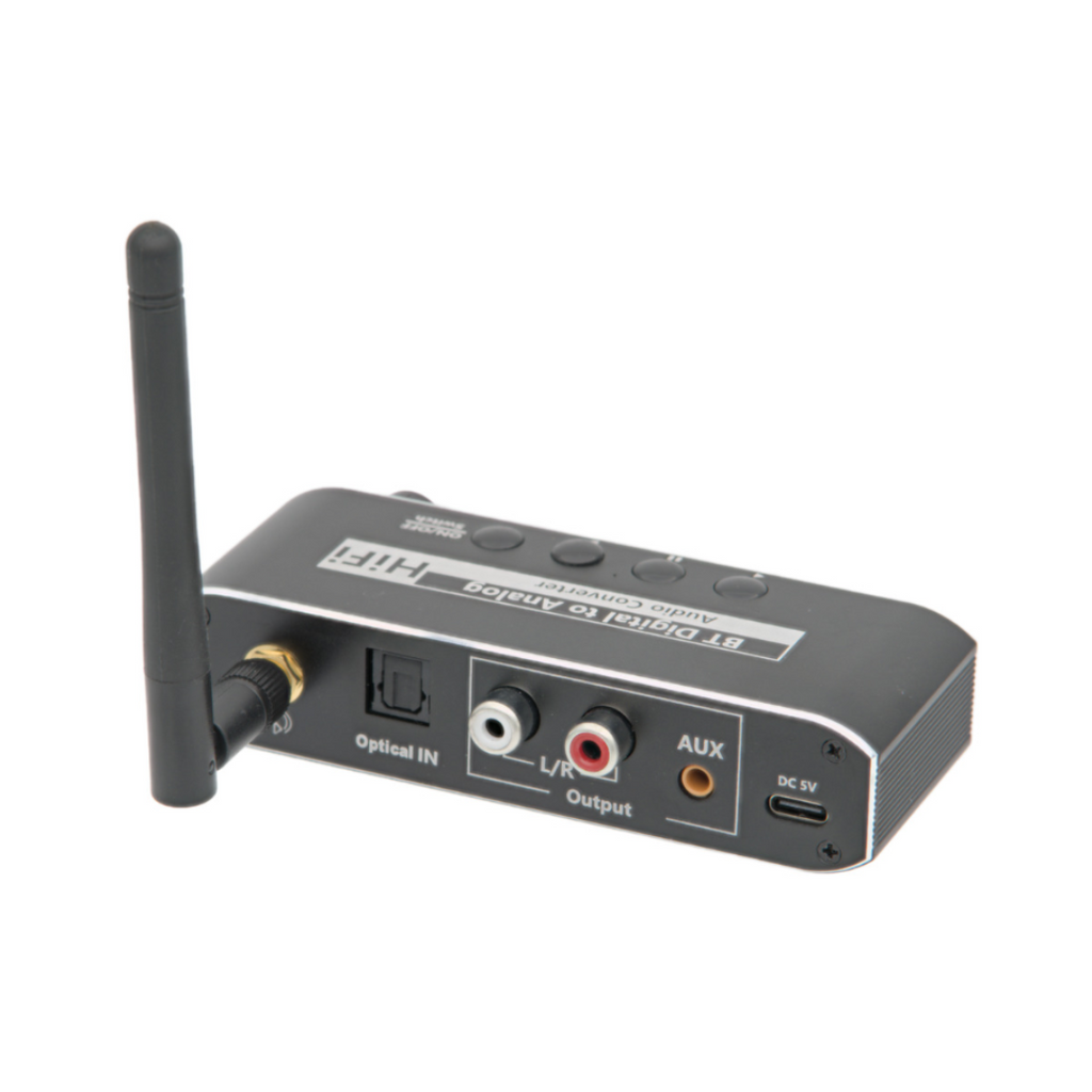Conversor digital-analógico (DAC) com Bluetooth 5.1 e controlo de volume.