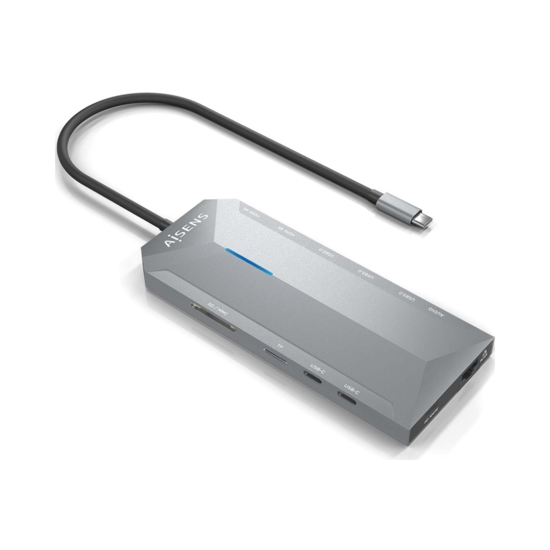USB-C Dock 12 en 1, USB-C A 2xHDMI, 1xRJ45, 3xUSB-A, 2xUSB-C, 1xUSB-C PD, 1xAudio, 1xSD, 1xMicro SD, Gris, 30 CM