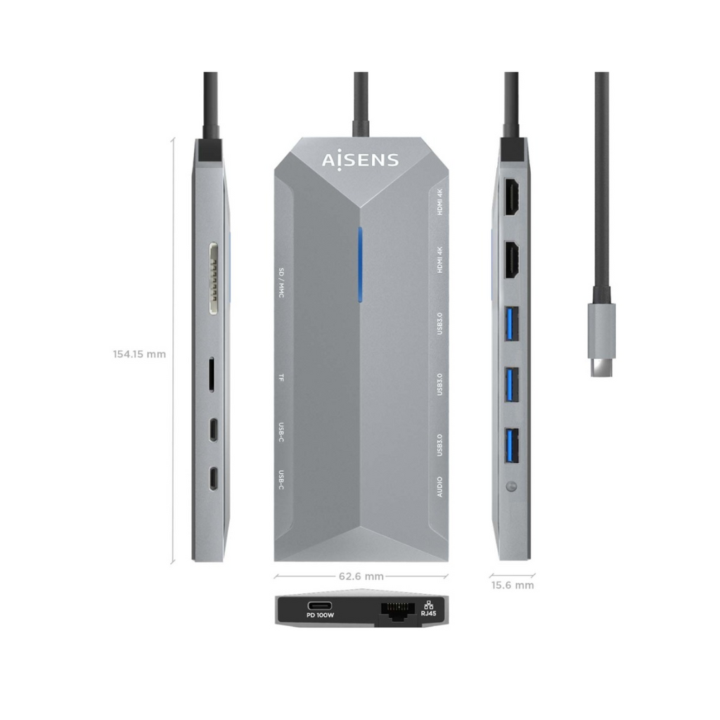 Base USB-C 12 em 1, USB-C A, 2x HDMI, 1x RJ45, 3x USB-A, 2x USB-C, 1x USB-C PD, 1x Áudio, 1x SD, 1x Micro SD, Cinza, 30 cm