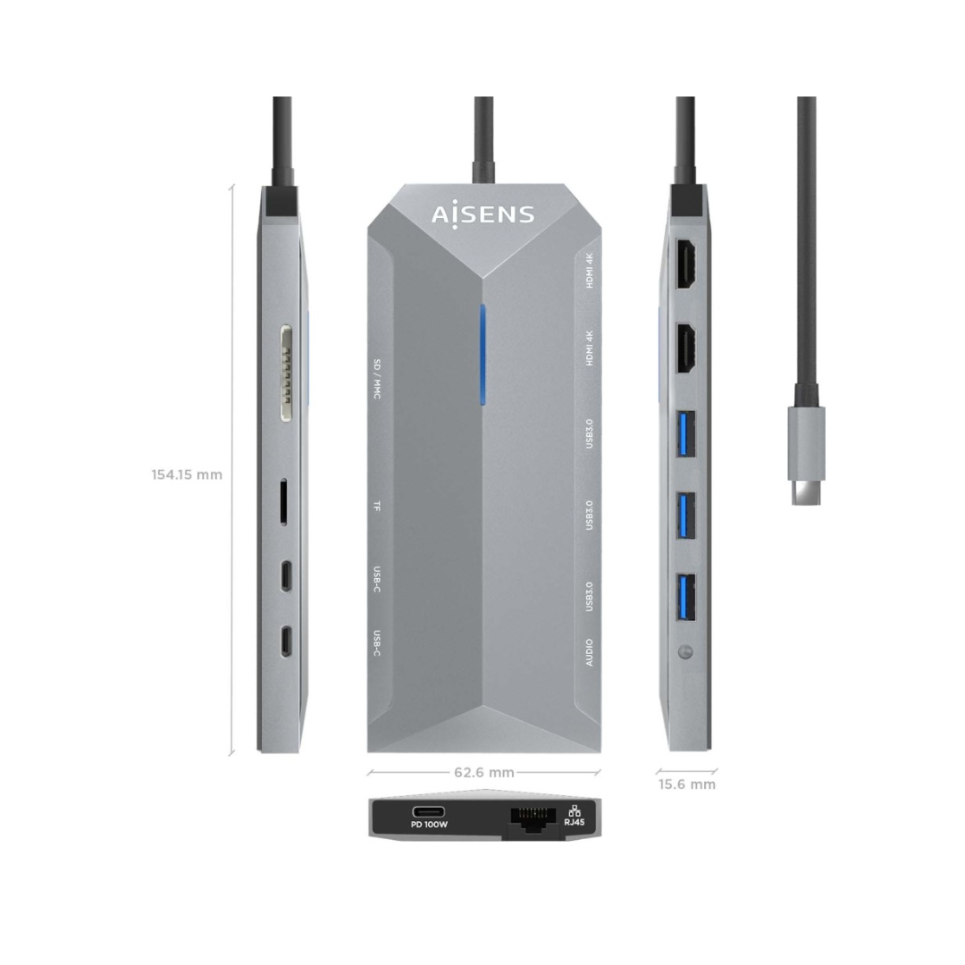 USB-C Dock 12 en 1, USB-C A 2xHDMI, 1xRJ45, 3xUSB-A, 2xUSB-C, 1xUSB-C PD, 1xAudio, 1xSD, 1xMicro SD, Gris, 30 CM