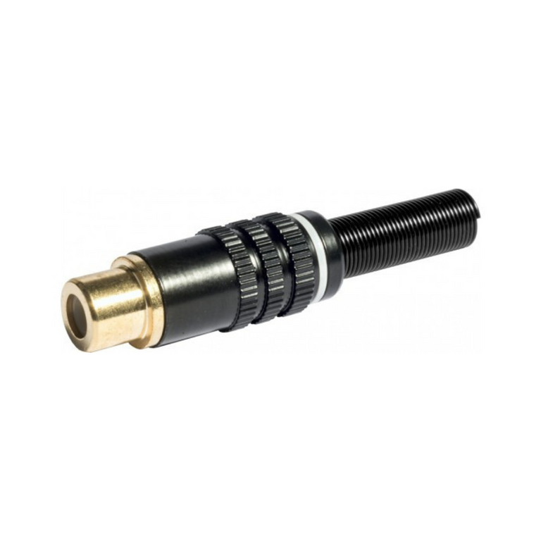 Conector RCA fêmea com anel branco para soldadura de adaptadores de áudio.