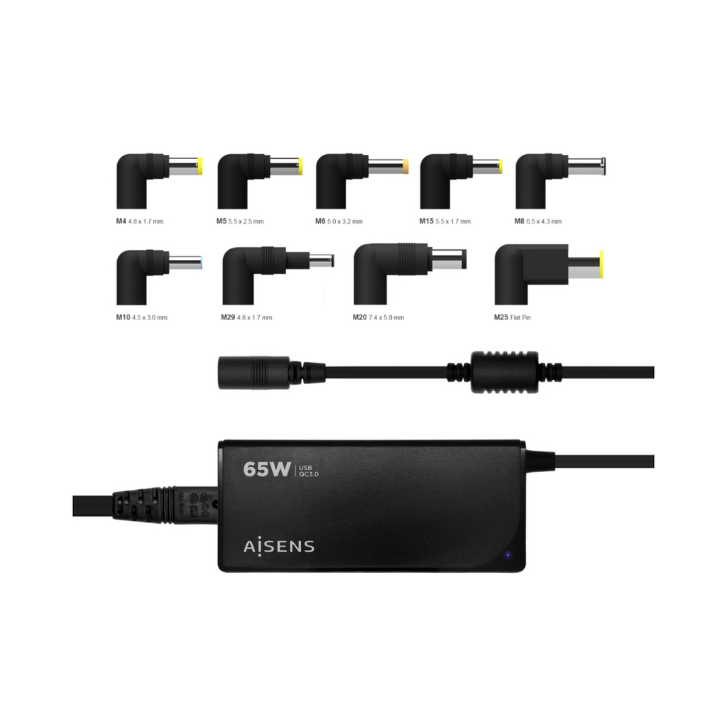 Carregador universal automático multivoltagem para portátil de 65 W com 9 conectores + USB-A QC 3.0