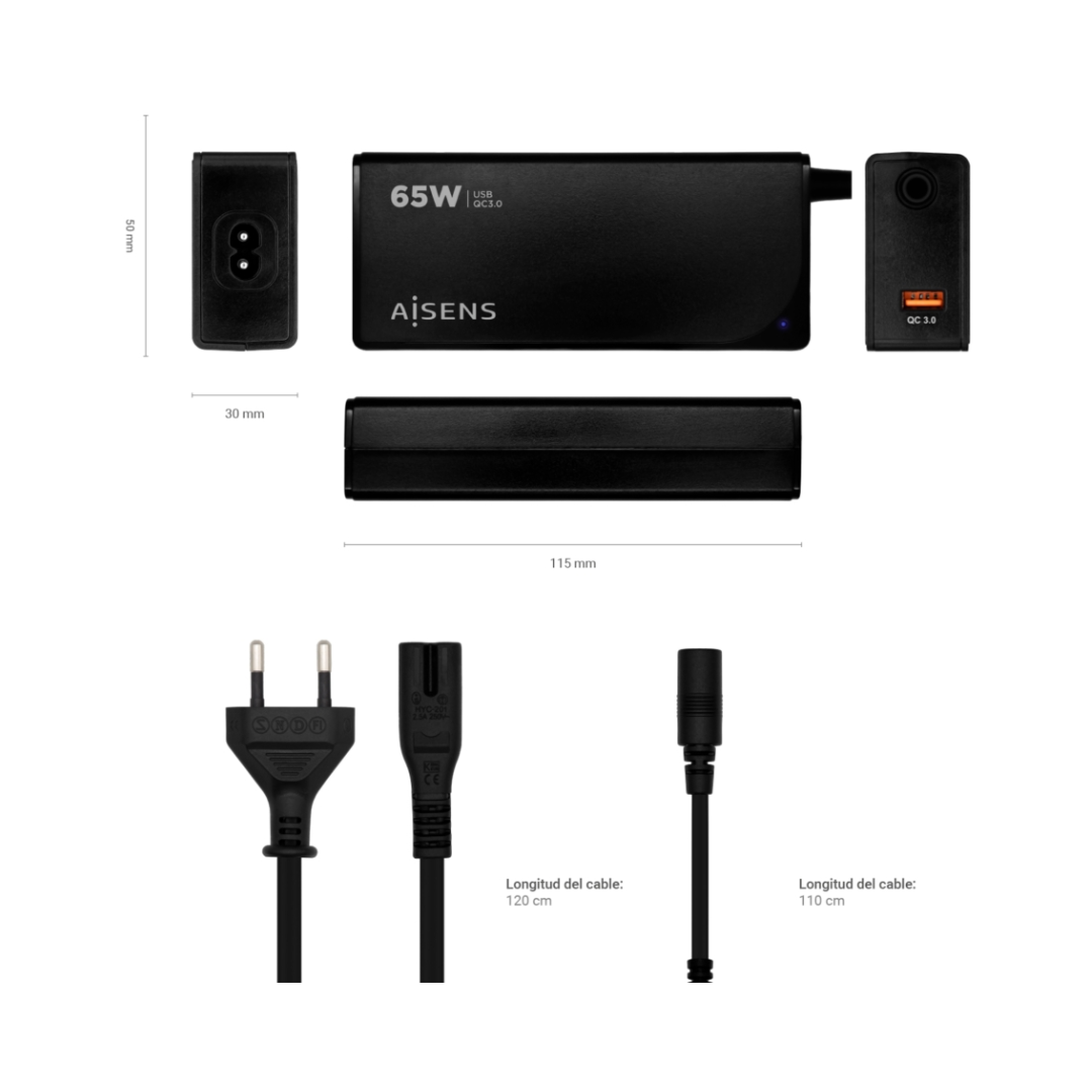 Carregador universal automático multivoltagem para portátil de 65 W com 9 conectores + USB-A QC 3.0