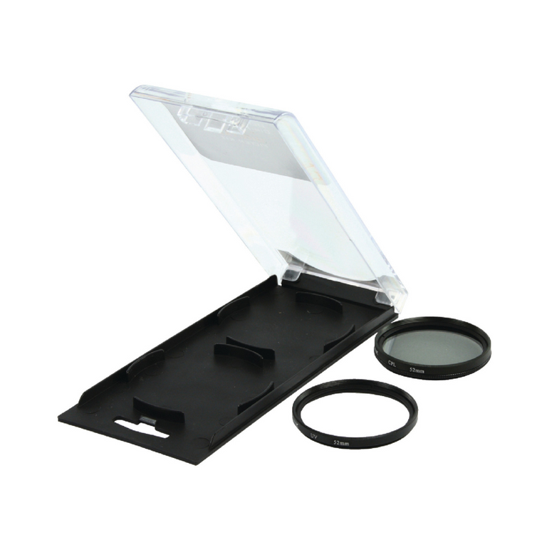 Kit duplo com filtros polarizadores UV e CPL (52 mm), tampas e câmara.