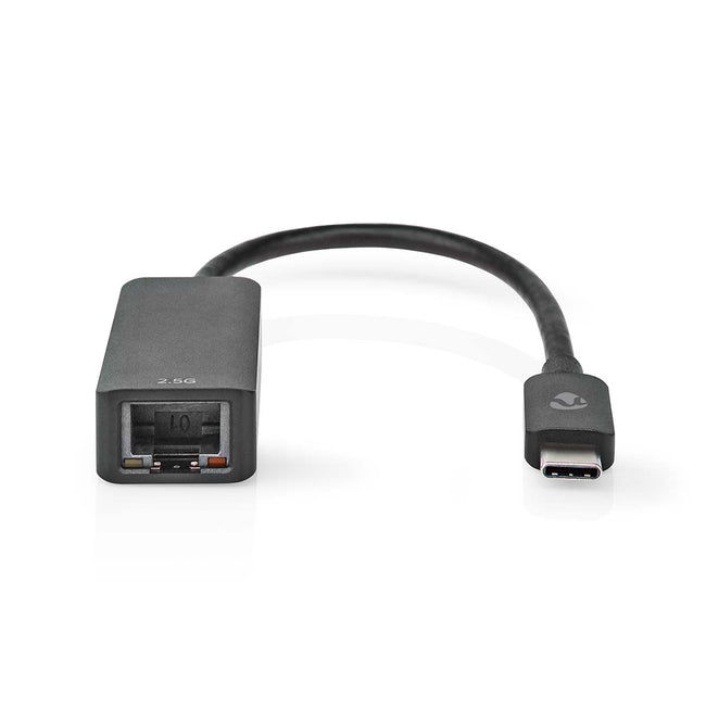 Black 2.5 Gbps USB-C to RJ45 network adapter, front view of the female RJ45 port with its LEDs