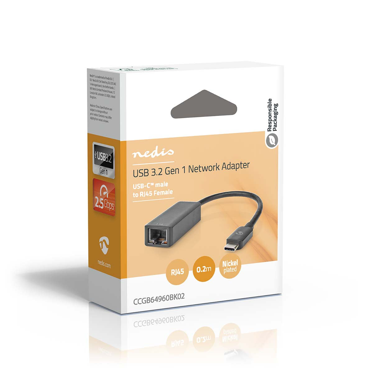 Adaptador de red USB 3.2 Gen 1 | 2.5 Gbps | USB-C™ Macho | RJ45 Hembra | 0.20 m | Redondo | Niquelado | Cobre Estañado | Negro