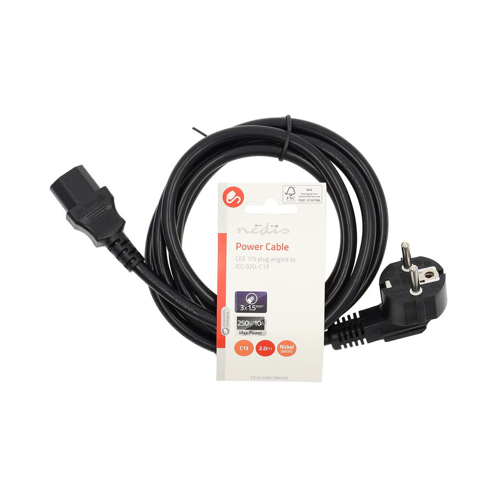 Power Cable 3 x 1.5 mm² | Schuko Male Angled - IEC-320-C13 2.0 m Black