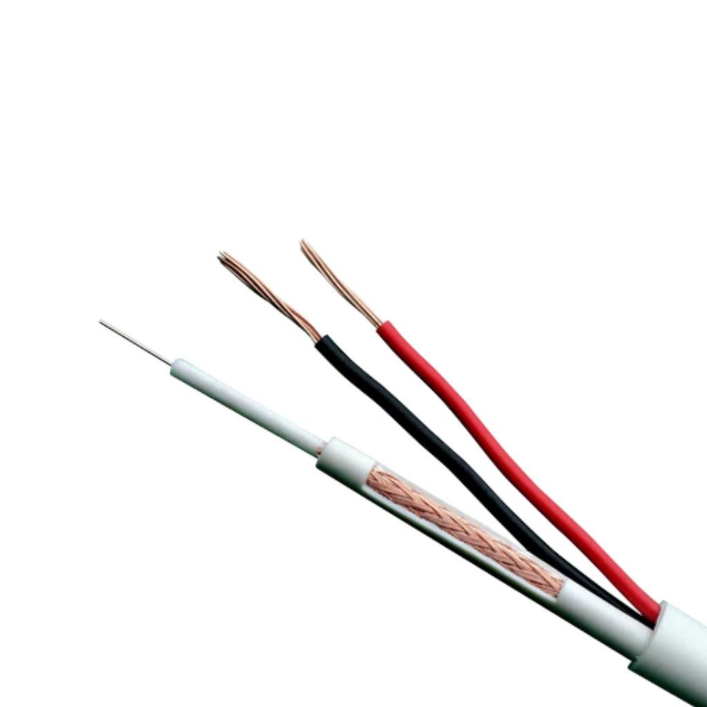 Cabo Combinado - Micro RG59 + Alimentação, Rolo de 100 Metros, Revestimento Branco, Diâmetro Exterior de 6,8 mm, Baixa Perda 