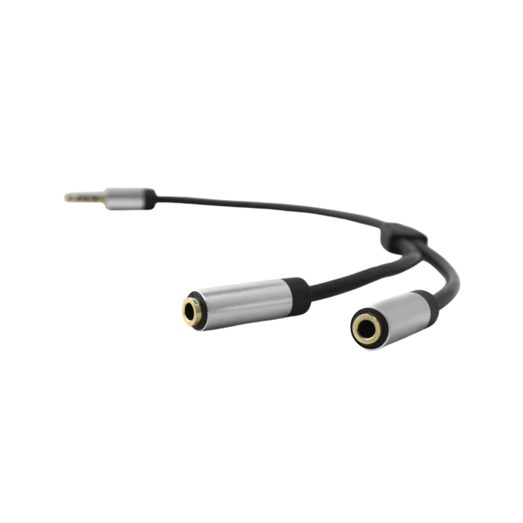 Cabo de microfone + áudio com conector macho de 4 pinos de 3,5 mm para 2 conectores fêmea de 3,5 mm 