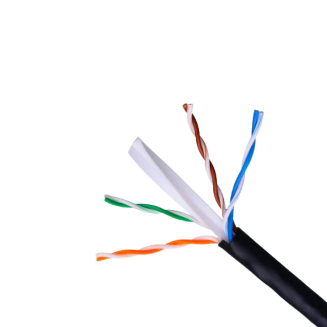 Cable de red Exterior Impermeable Rj45 Cat.6 UTP Rígido Awg24, Negro, Bobina 100 Metros 100% Cobre Para la Instalación, Resiste