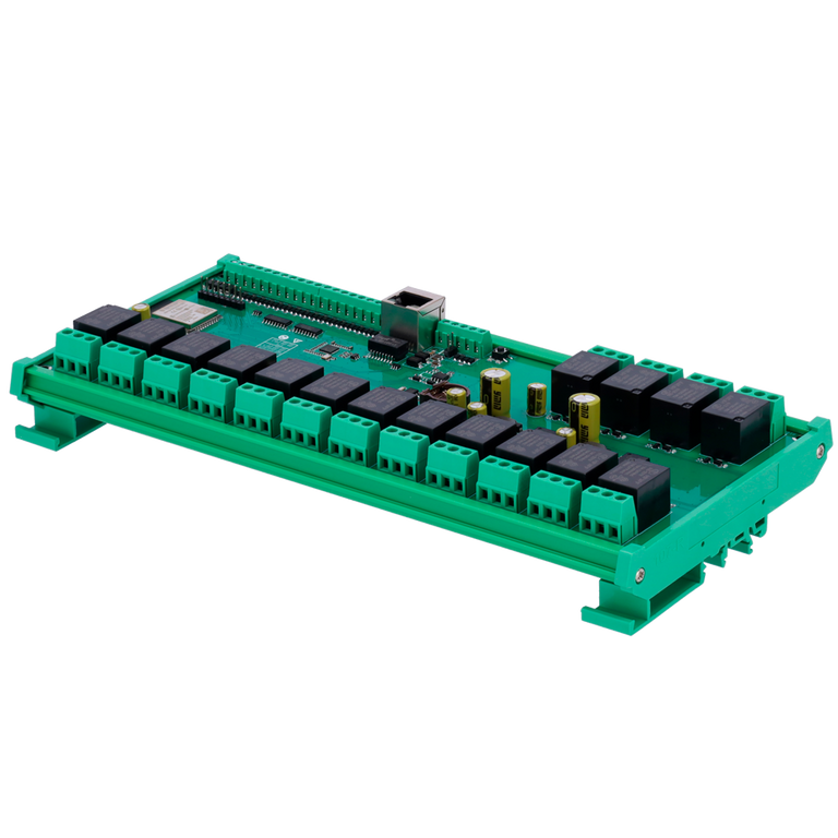 Módulo de adquisición y control de datos | 16 entradas digit. / 16 salidas de relé (NA/NC) | Protocolos: Modbus/TCP, TCP/IP, UDP, HTTP,...  | Servidor web integrado | 1 puerto Ethernet 10/100 Base-TX, 1 puerto WiFi | Montaje en carril DIN