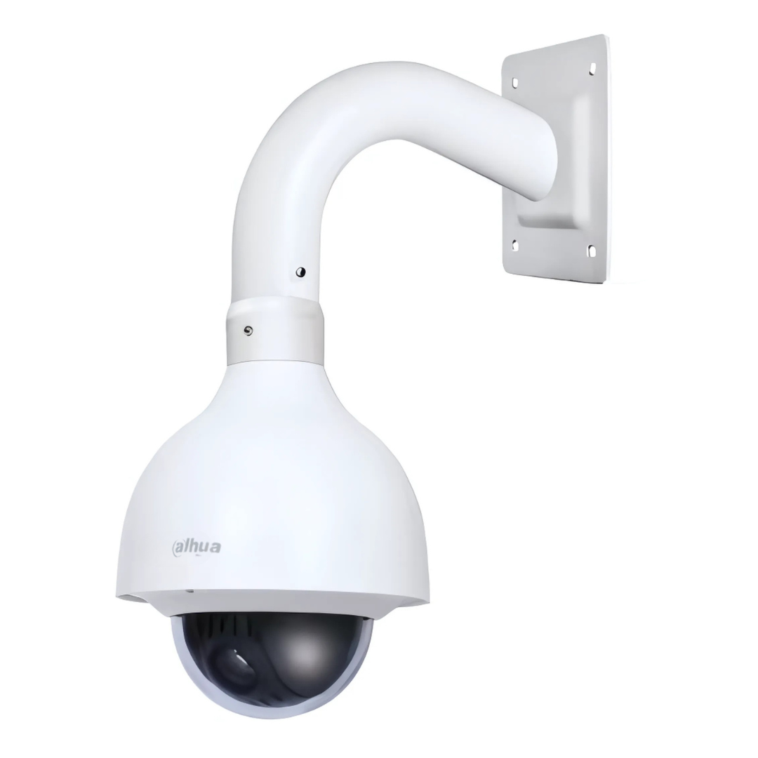 Câmara Dome PTZ HDCVI 2M 1080p com DN WDR, Starlight 15X 3D, IP66, IK10 e entrada/saída de áudio, com suporte e fonte de alimentação incluídos.