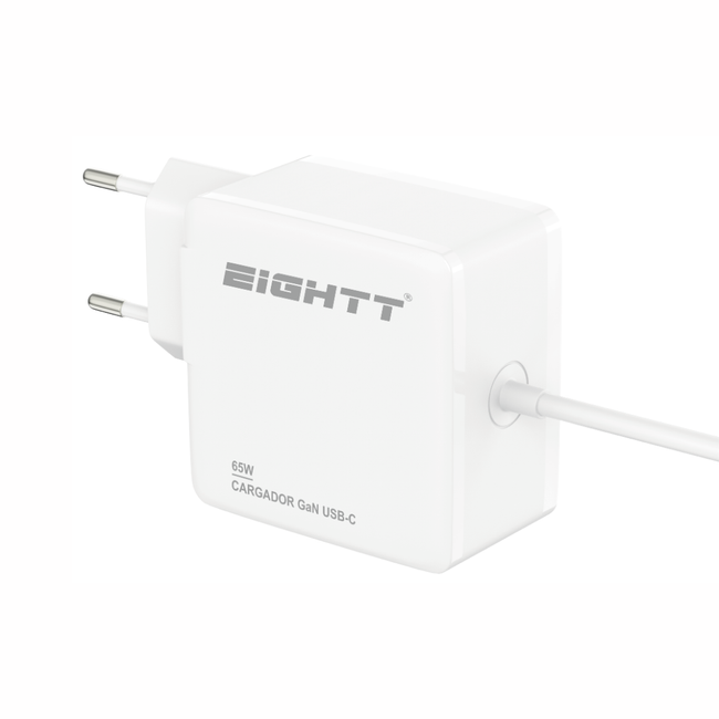 Carregador USB Tipo C de 65 W para smartphones, tablets e computadores portáteis.
