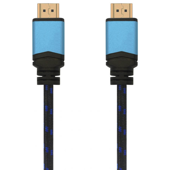 Braided AISENS HDMI 2.0 cable, front view of both gold male HDMI connectors