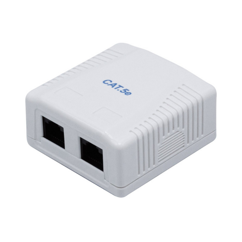 Caixa de montagem superficial com 2 conectores RJ45 fêmea.