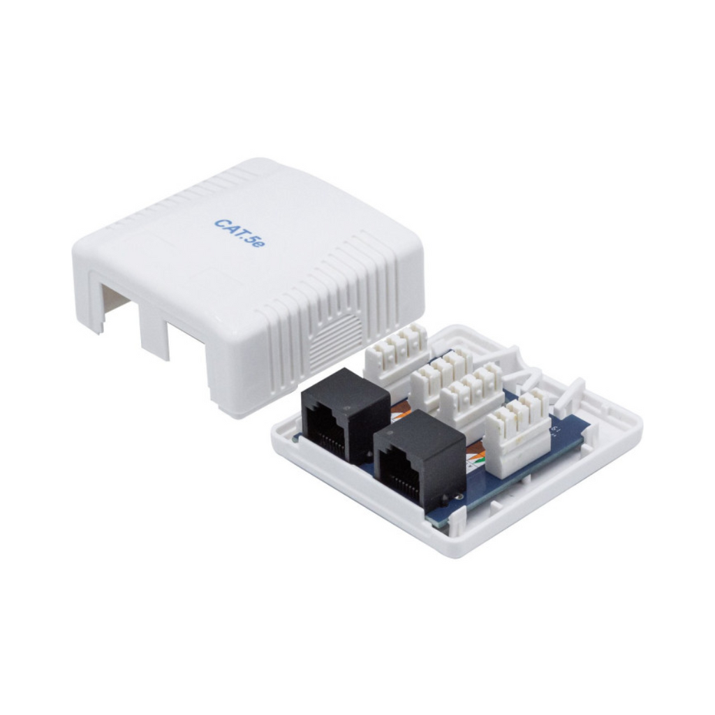 Caixa de montagem superficial com 2 conectores RJ45 fêmea.