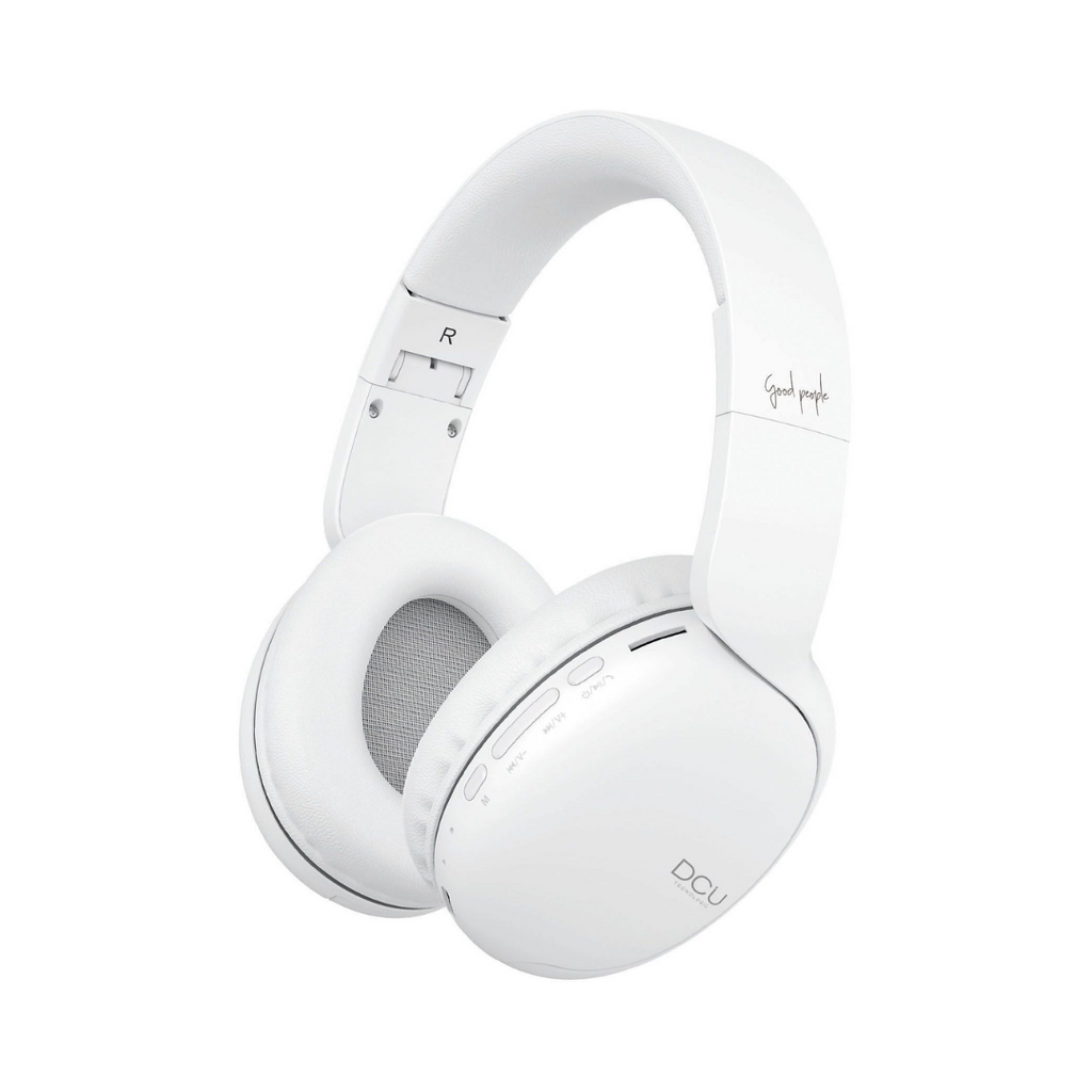 Auriculares Bluetooth multifuncionais e dobráveis, brancos. 
