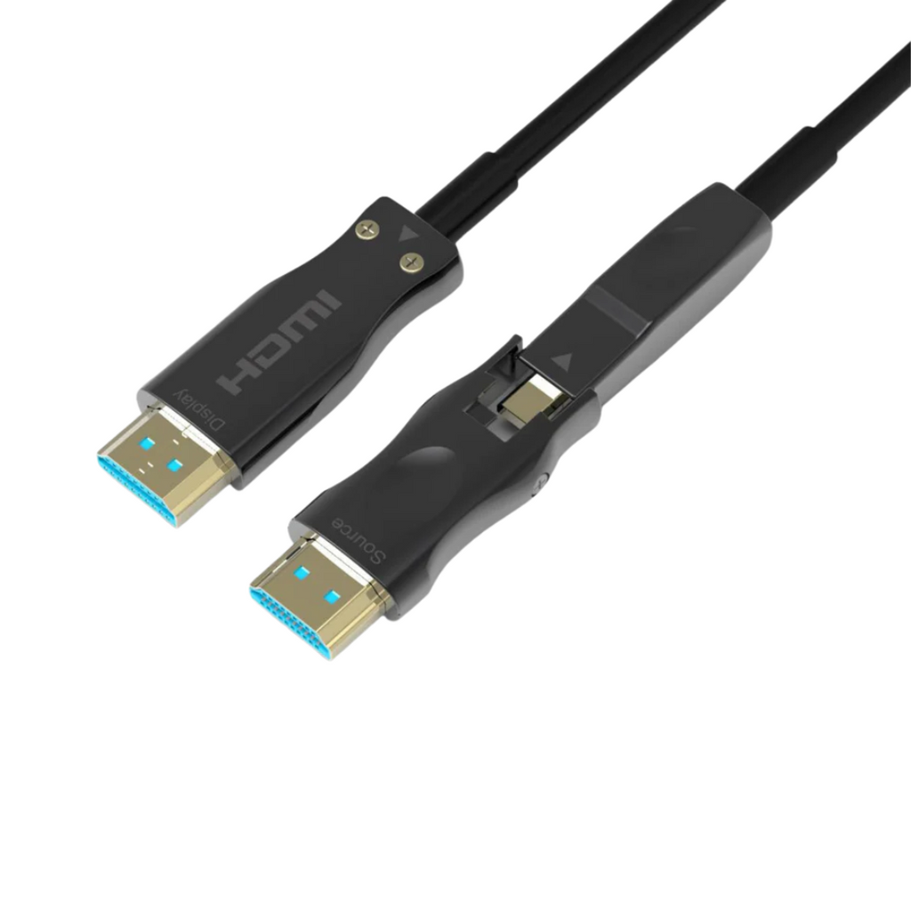 Cabo HDMI v2.1 de fibra ótica com adaptador Micro HDMI para HDMI Tipo A e resolução máxima de 8K a 60Hz. 