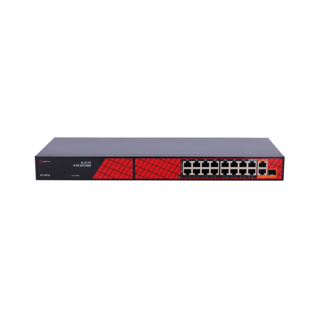 Switch PoE Safire SF-SW1916HIPOE-HF-300 de 16 puertos y 300 W, vista frontal