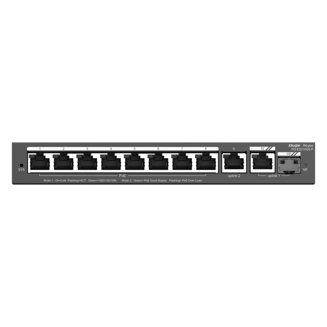 Reyee Switch PoE Cloud Gestionable 8 puertos PoE + 2 Uplink RJ45 + 1 SFP Combo Velocidad de puertos 10/100/1000 Mbps 30W por pue