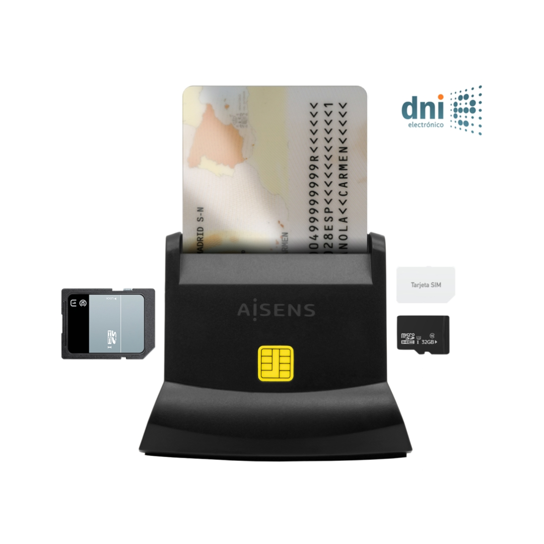 Lector de Tarjeta Inteligente DNI USB-C con lector de tarjetas SIM, SD, Micro SD, MMC, RS-MMC, MMC Micro | Negro