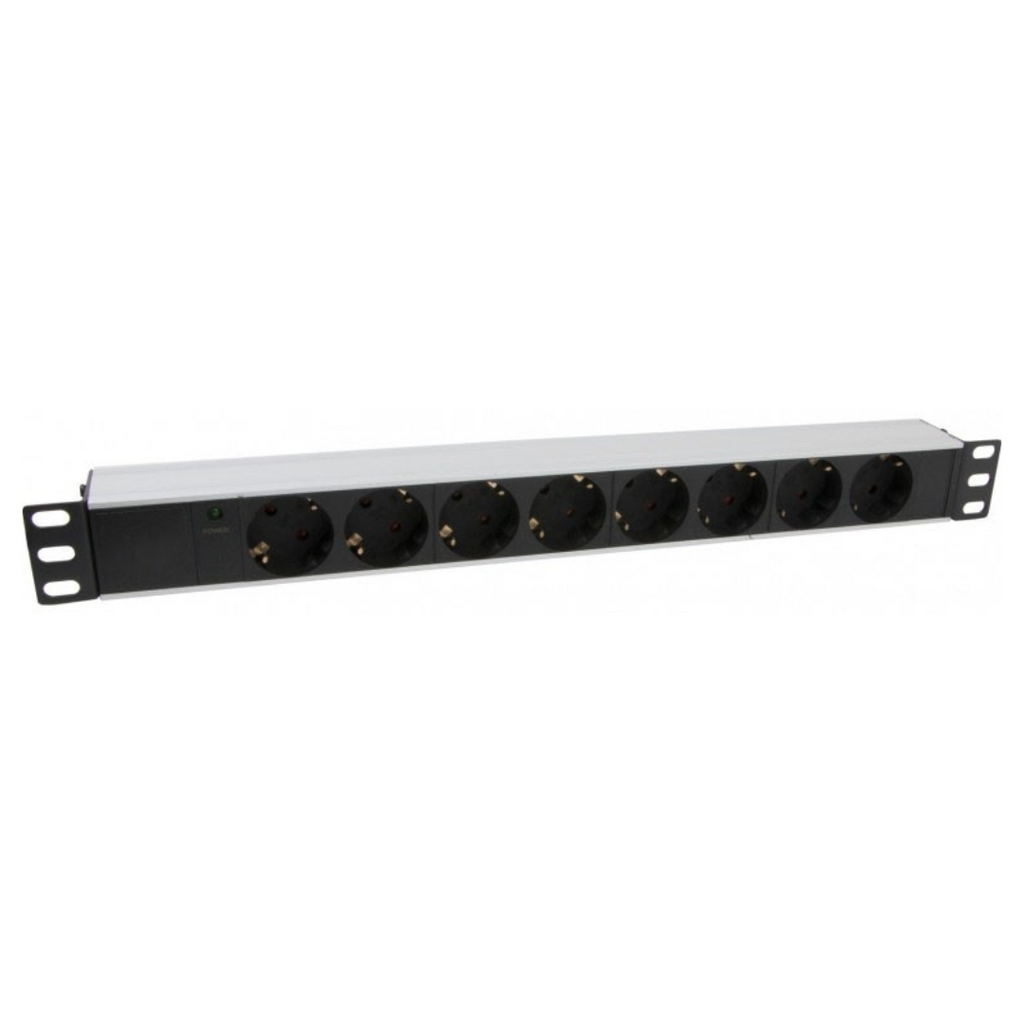 Régua de tomadas de 19" para bastidor de 1U com 8 tomadas Schuko e LEDs. Cabo Schuko CEE7 de 2 metros.
