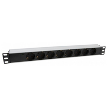Régua de tomadas de 19" para bastidor de 1U com 8 tomadas Schuko e LEDs. Cabo Schuko CEE7 de 2 metros.