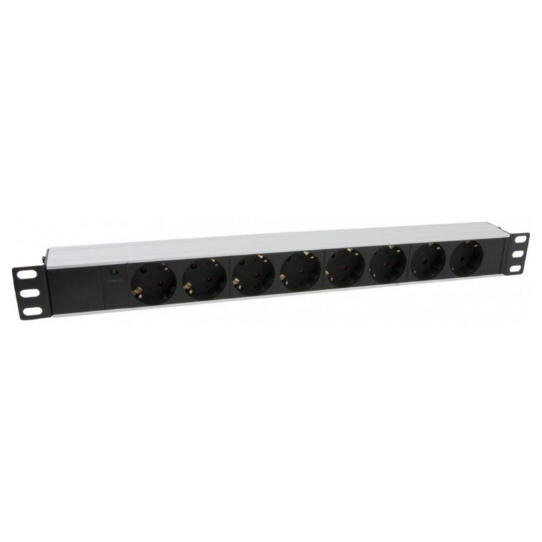 Régua de tomadas de 19" para bastidor de 1U com 8 tomadas Schuko e LEDs. Cabo Schuko CEE7 de 2 metros.