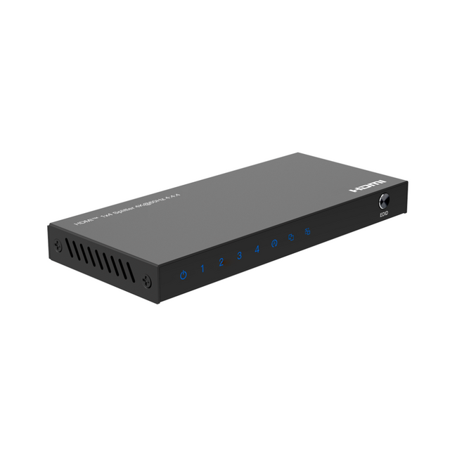 Divisor HDMI 1x4 4K 60Hz com função EDID, HDCP 2.2 e potência de 5W. 