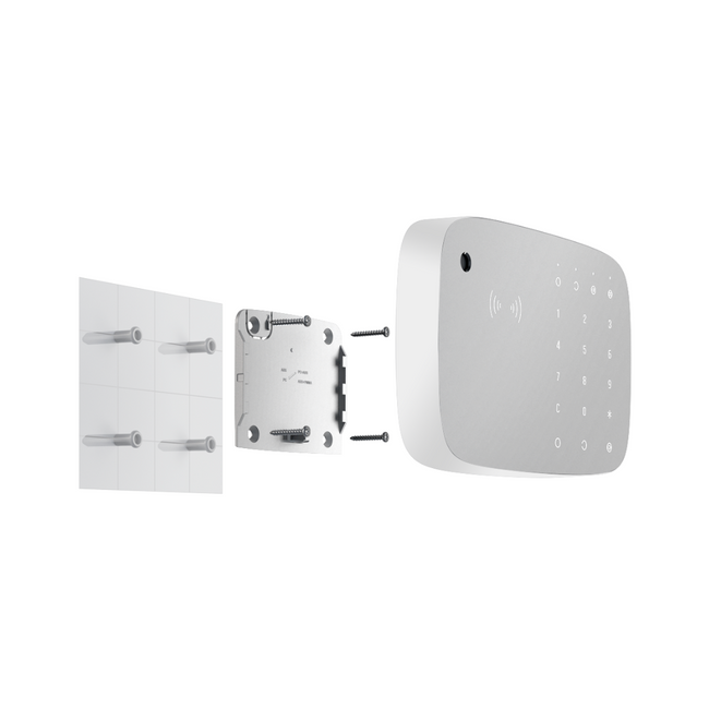 Ajax KeyPad Combi keypad and its SmartBracket mount, wall mounting diagram with screws