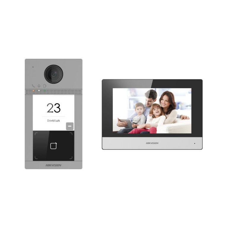 Kit de vídeo porteiro com dois relés. Tecnologia IP e Wi-Fi. Painel e monitor. Suporta até 16 monitores adicionais.