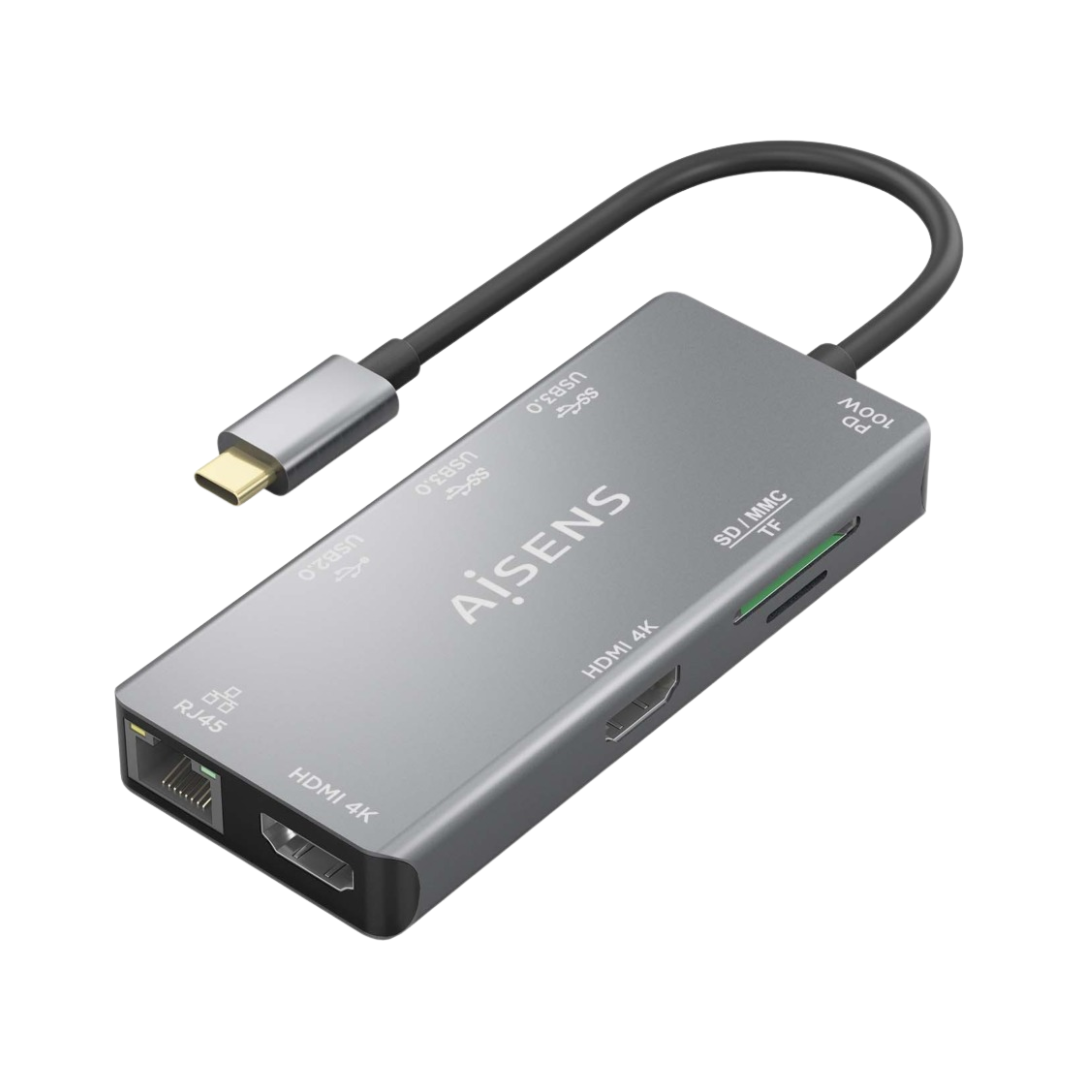 USB-C DOCK 9 EN 1, 2xHDMI RJ45 3xUSB-A 1xUSB-C PD LECTOR, GRIS, 15CM
